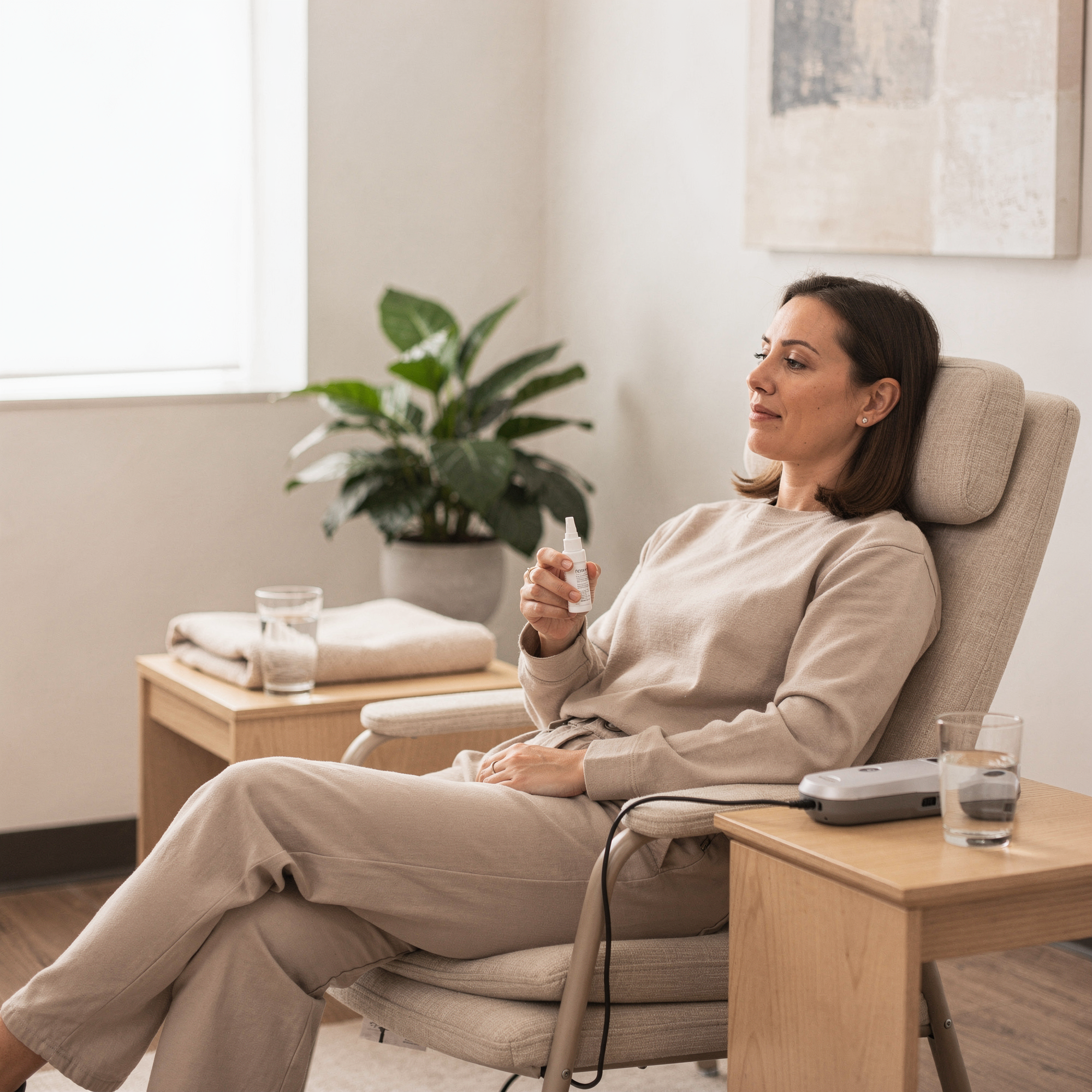 Patient receiving Spravato treatment in a comfortable clinical chair at Neowellnez